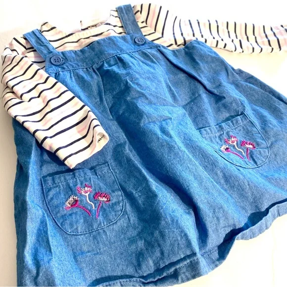 Crown & Ivy Denim suspender dress 9 month embroidered pockets striped  bodysuit